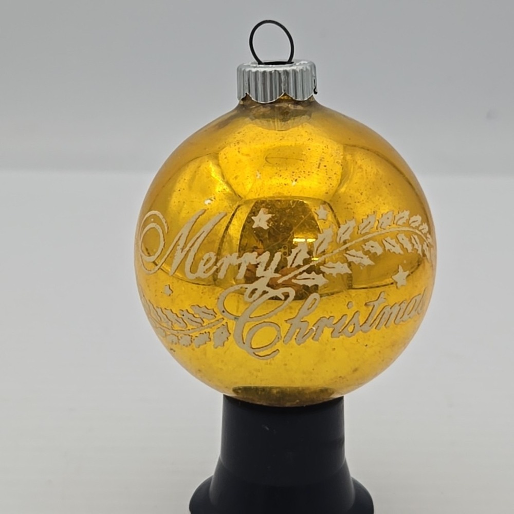 VINTAGE SHINY BRITE MERRY CHRISTMAS‎ STENCIL ORNAMENT Yellow 2" SIZE